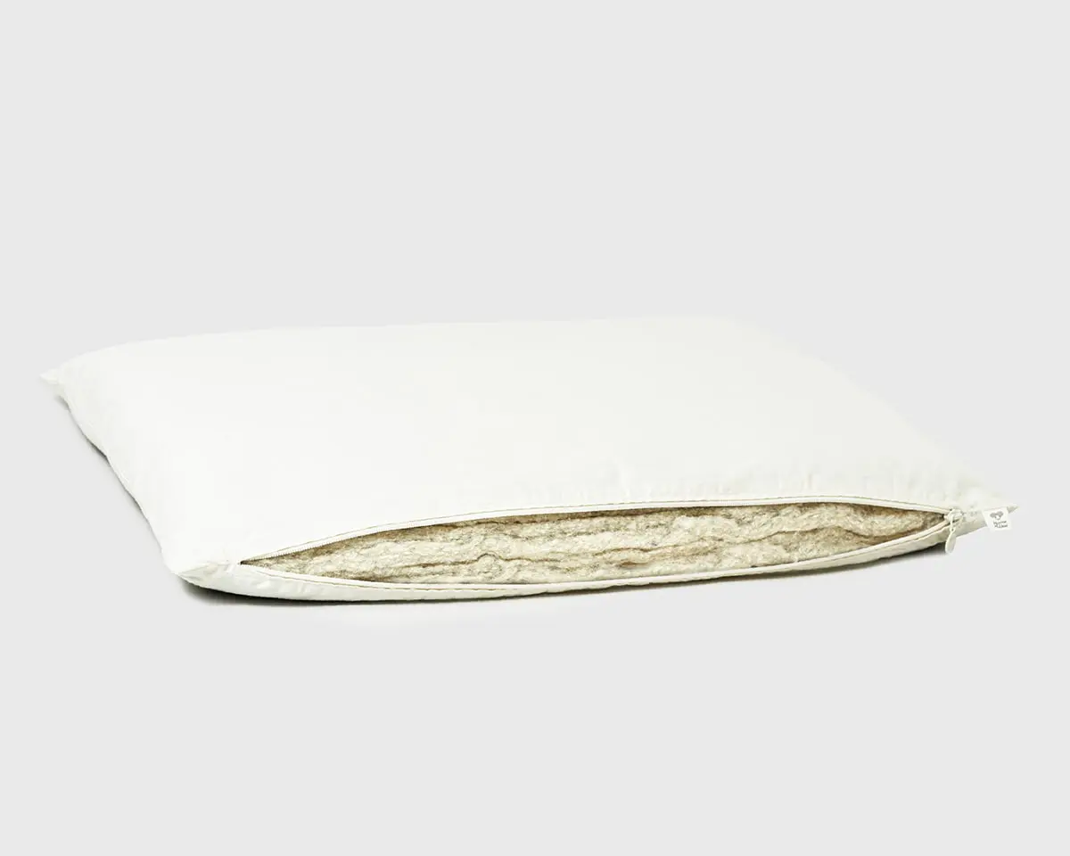 unzipped wool pillow revealing wool inside